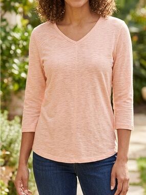 Chico's Women’s Peach Breathable Cotton V-Neck 3/4 sleeve Top size‎ 2 US Large